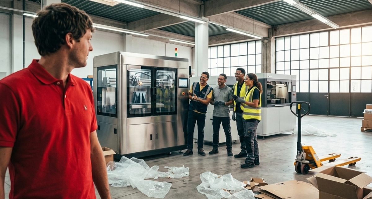 A newly delivered machine on a factory floor. The team gathers around it, pleased, while one man stands apart.